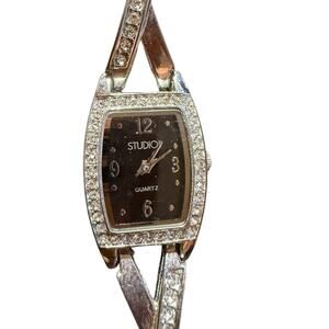 Studio Women's Silver-Tone Rhinestone Quartz Tonneau Wristwatch Japan Movt